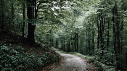 Fototapeta premium Serene Forest Path Surrounded by Lush Green Trees in a Tranquil Natural Landscape Ideal for Nature Lovers and Outdoor Adventures