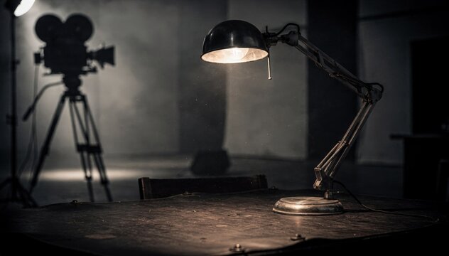 Medium shot of a vintage desk lamp casting sharp key light creating dramatic shadows on a classic film set with a blurred background emphasizing cinematic noir style.