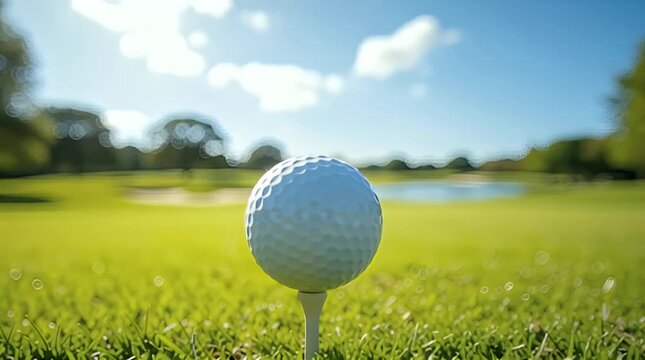 White golf ball perfectly poised on a tee amidst the lush green grass of a sunlit golf course, ready for play on a beautiful day with clear blue skies.