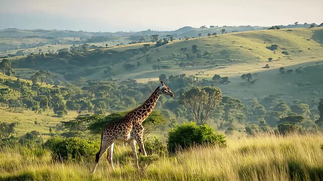A majestic giraffe gracefully walks through a lush green savanna, evoking a sense of peace and natural beauty ideal for travel and nature content.