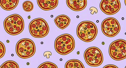 Cartoon Pizza Pattern with Pepperoni and Mushrooms on Light Purple Background.