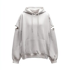 Cream-colored oversized hoodie with distressed shoulder cutouts and front pocket