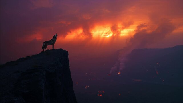 Lone Wolf Fire Howling Against Fiery Sunset