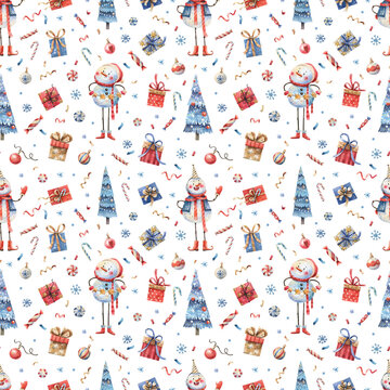 Seamless Christmas pattern with snowmen and holiday decor