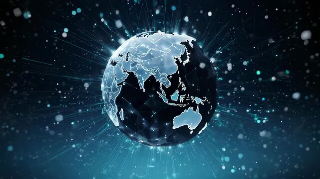 Futuristic globe with glowing lines and particles against dark background