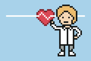 Fototapeta premium Cartoon doctor or scientist man care medical decoration pharmacist uniform with hospital,8 bit,man,pixel,background.