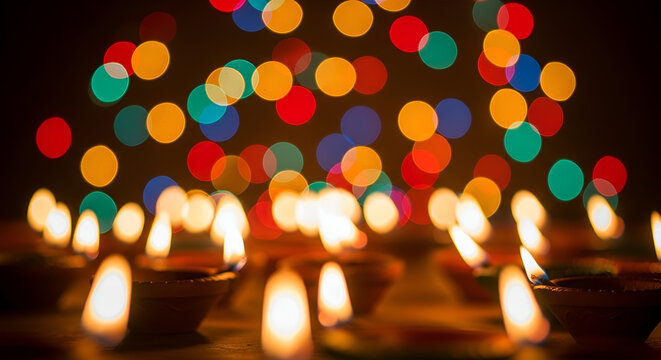 Glowing Clay Diyas and Festive Bokeh Lights - Diwali Celebration Background