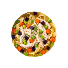 Homemade chicken noodle soup with shredded chicken, wide egg noodles, purple carrots, green onions, herb sprig in white ceramic bowl, transparent background, top-down, ample copy space. Concept of