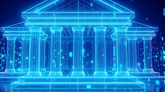 Futuristic glowing blue wireframe of a classical bank building, symbolizing digital finance, blockchain, secure transactions, and modern technological evolution in banking.