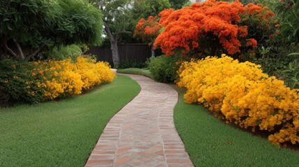 Lush Garden Pathway Surrounded by Vibrant Orange and Yellow Flowers, Inviting Green Lawn and Nature in a Peaceful Outdoor Setting