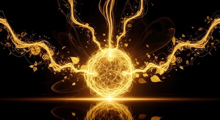 Naklejka premium A glowing golden orb radiates energy and light in a dark space