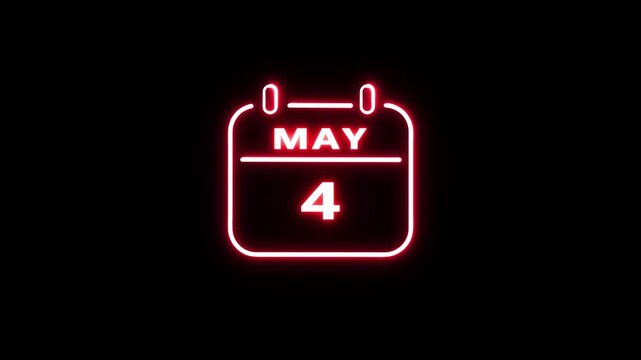 Glowing calendar date animation. Neon calendar on black background.  Day 4 neon text animation, calendar counter concept.