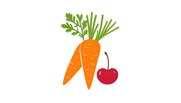 A simple cartoon illustration depicting two carrots with green tops and a single red cherry
