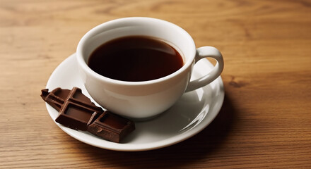 Obraz premium A white cup of coffee on a saucer with a piece of chocolate on a wooden table