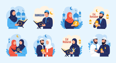 Ramadan and Eid Mubarak Celebration Flat Design Vector Set: Muslim Characters Reading Quran, Praying, Giving Zakat with Mosques & Lanterns