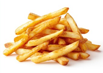 Close-up of golden-brown potato strips piled on a white surface, appetizing and fresh