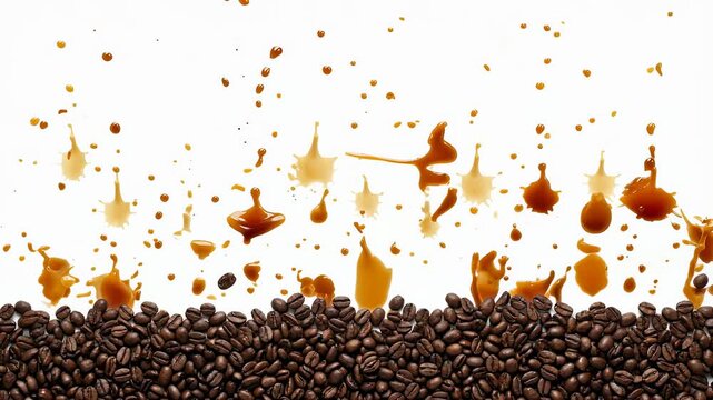 Coffee beans with splashing brown liquid showing movement, for international coffee day celebration graphic design resource