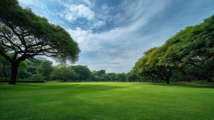 Obraz premium Lush Green Landscape Under a Bright Blue Sky with Wispy Clouds and Graceful Trees Spreading Across a Serene Field in Natural Setting