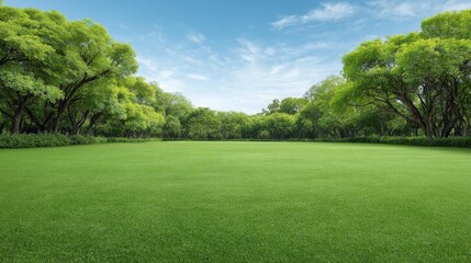 Fototapeta premium Lush Green Meadow Surrounded by Tall Trees Under a Clear Blue Sky with Soft White Clouds in a Tranquil Nature Landscape Scene