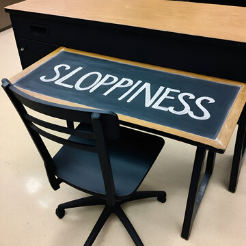 College chalk desk with the word sloppiness written on in