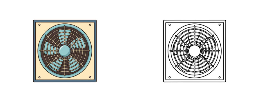 Square exhaust fan with protective grille and line art version represents ventilation equipment for bathroom or kitchen on white background
