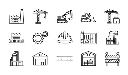 Industrial and Construction Outline Icon Set Vector for Manufacturing and Heavy Industry © Shukimon
