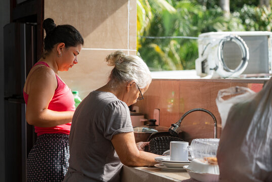 Women washing dishes in sunlit kitchen