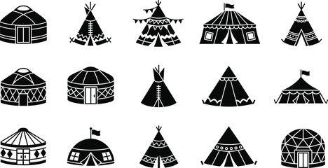 Traditional dwellings vector icon set, black silhouette illustrations of Mongolian yurts, Native American tipis, nomadic tents, and geodesic domes isolated on white, © Manharul