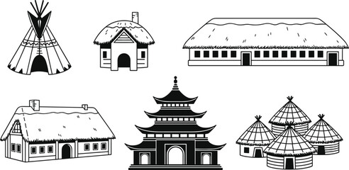 Traditional ethnic houses and world architecture set, teepee pagoda thatched huts village homes black and white vector illustration collection © Manharul