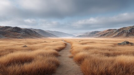 Serene Pathway Through Golden Grasslands Beneath Dramatic Clouds in a Remote Valley Landscape During an Overcast Day