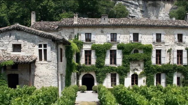 A stone European house, vines climbing the walls, rows of green, a pathway to the entrance, trees in back