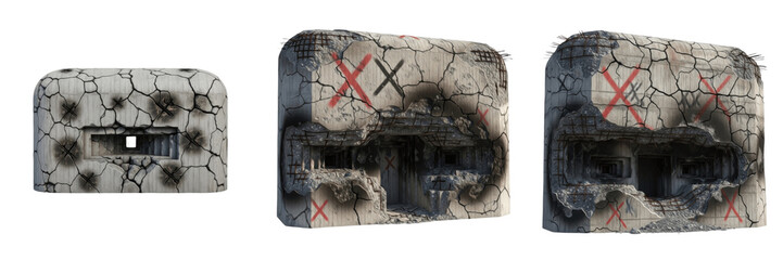 Set of Damaged Concrete Bunker Walls with Bullet Holes and Graffiti PNG