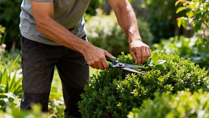 鮮やかな庭で低木を剪定する庭師