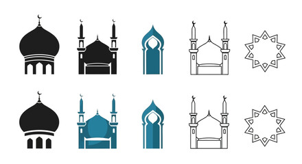 Obraz premium Islamic Architectural Elements Vector Icon Set: Mosques, Domes, and Geometric Patterns