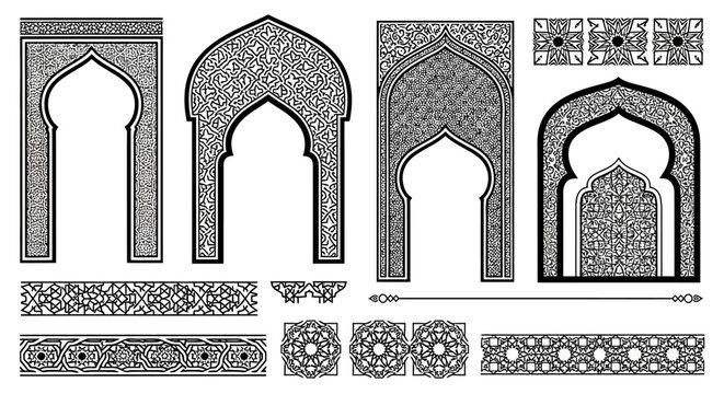 Intricate Islamic Geometric Archways and Decorative Borders Vector Set