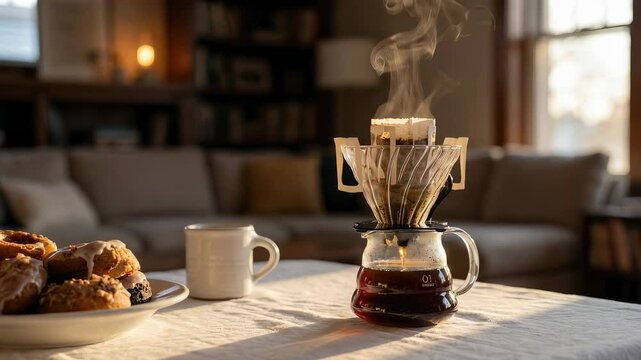 Drip coffee brewing process with pour-over method, steaming in a carafe on a table with donuts and a mug.