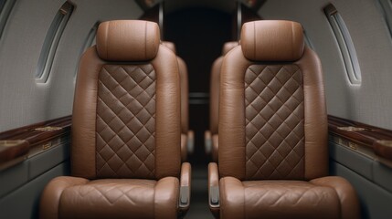 Fototapeta premium Luxurious Interior of Private Jet Cabin Featuring Elegant Brown Leather Seats with Unique Quilted Design and Sophisticated Atmosphere