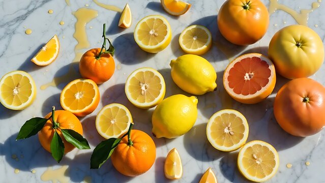 Freshly Sliced Lemons, Oranges, and Grapefruits on Marble on national sunkist citrus day 1 March