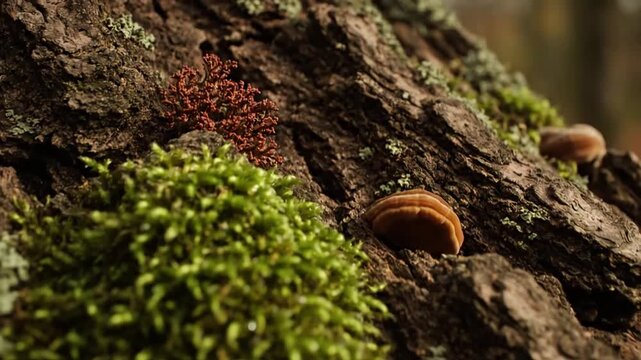 Microscopic Ecosystem Showcasing the small world of moss and fungi thriving on tree bark, highlighting biodiversity at a tiny scale.