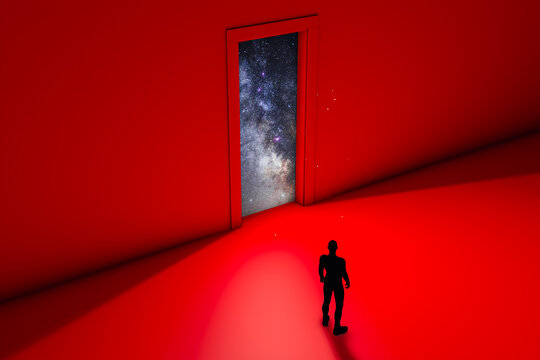 A man silhouette gazing at a cosmic doorway amidst a red backdrop