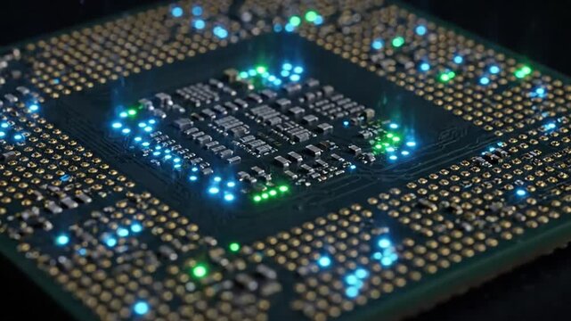 Abstract Circuitry Beauty An artistic macro shot, turning the CPU's silicon die design into a visually stunning, almost alien landscape of interconnected components and glowing pathways.