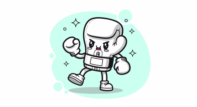 Friendly Cartoon Robot Character in Victory Pose.