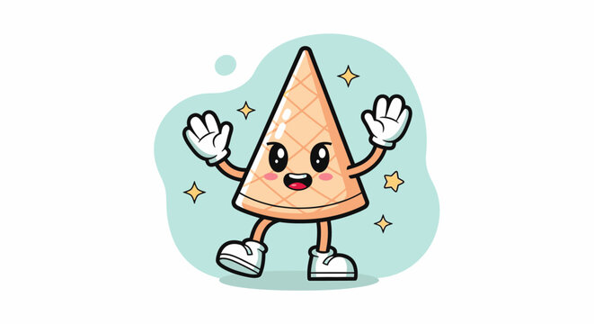 Friendly triangle mascot dancing and smiling character.