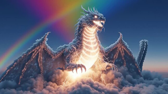 A majestic dragon emerging from the clouds with a rainbow in the sky