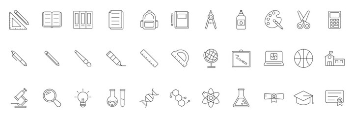 Back to School Education Icon Set with School, University and Laboratory Items. Editable Stroke