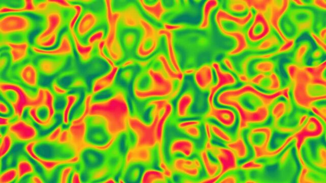 Abstract colorful fluid organic shapes move dynamically on a vibrant background, features a vibrant blend of green, red, and yellow-orange hues. Suitable for motion graphics and visual effects
