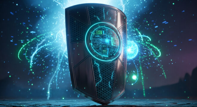 Futuristic cyber security shield with glowing circuit pattern and digital energy sparks representing online protection