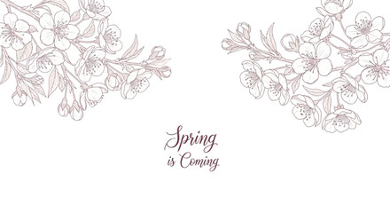 Elegant Cherry Blossom Branch with Buds and Flowers, Spring is Coming Text