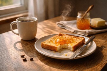 Breakfast Toast With Coffee In Morning Light