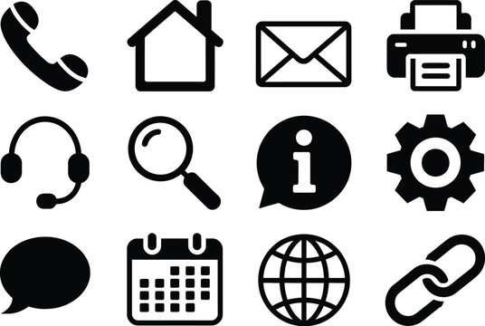 Contact us solid glyph icon vector set, business communication pictograms including phone, email, address, web, support, search, info, chat, and link symbols for website UI, apps, and corporate interf